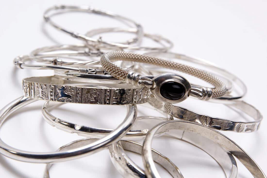 Sterling silver rings and bracelets.