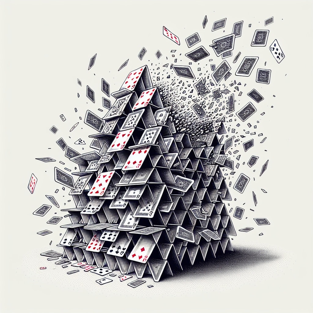 Drawing,Illustration,Of,A,Collapsed,House,Of,Cards