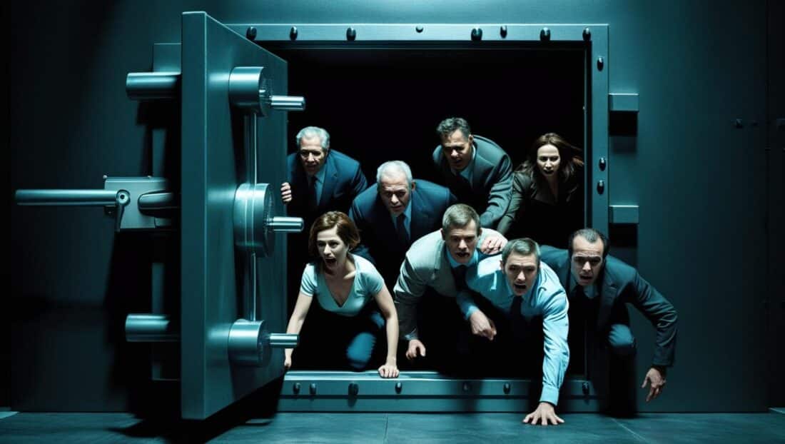 create an image of people crawling out of a large bank safe