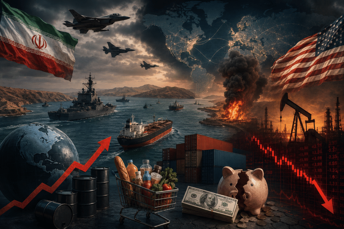 Warships and oil tankers in the Strait of Hormuz amid global economic and energy market crisis