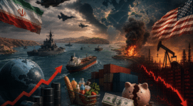 Warships and oil tankers in the Strait of Hormuz amid global economic and energy market crisis