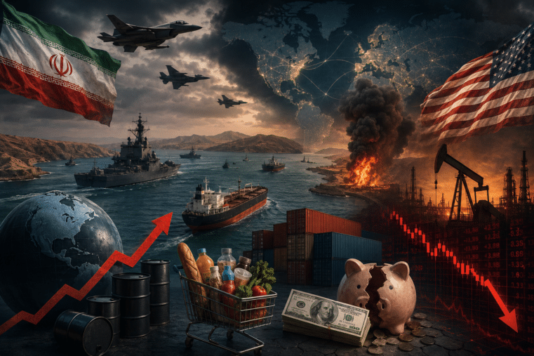 Warships and oil tankers in the Strait of Hormuz amid global economic and energy market crisis