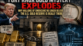 Gold reserves illustration featuring Fort Knox vault, gold bars, and concerns over U.S. gold transparency