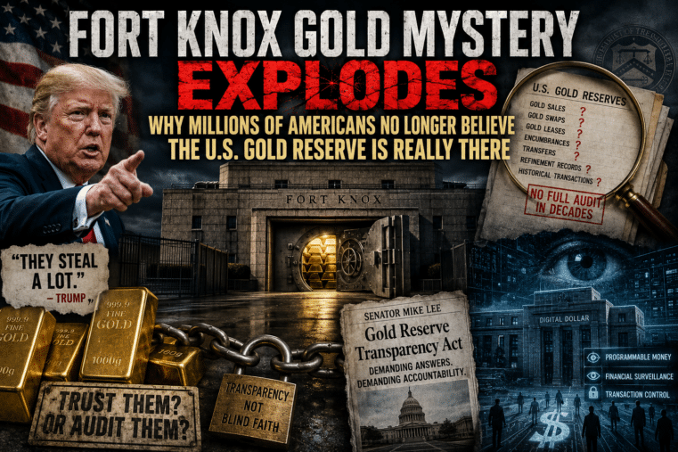 Gold reserves illustration featuring Fort Knox vault, gold bars, and concerns over U.S. gold transparency