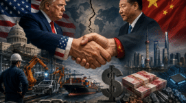 Trump's visit to China highlights the growing contradiction inside America’s economic policy as the U.S. attempts to weaken Beijing while remaining deeply dependent on Chinese industry and capital.