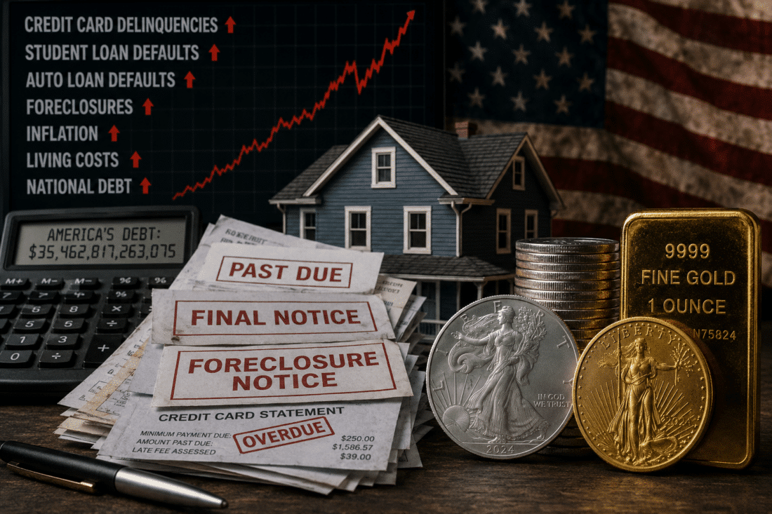 Gold and silver coins beside foreclosure notices and debt indicators representing America’s national debt crisis
