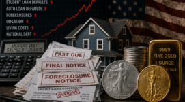 Gold and silver coins beside foreclosure notices and debt indicators representing America’s national debt crisis