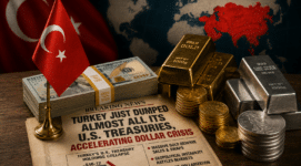 Turkey flag with gold, silver, cash, and U.S. Treasury bonds symbolizing accelerating dedollarization and dollar crisis fears