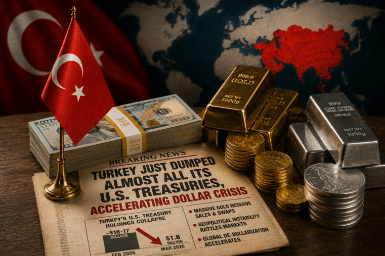 Turkey flag with gold, silver, cash, and U.S. Treasury bonds symbolizing accelerating dedollarization and dollar crisis fears