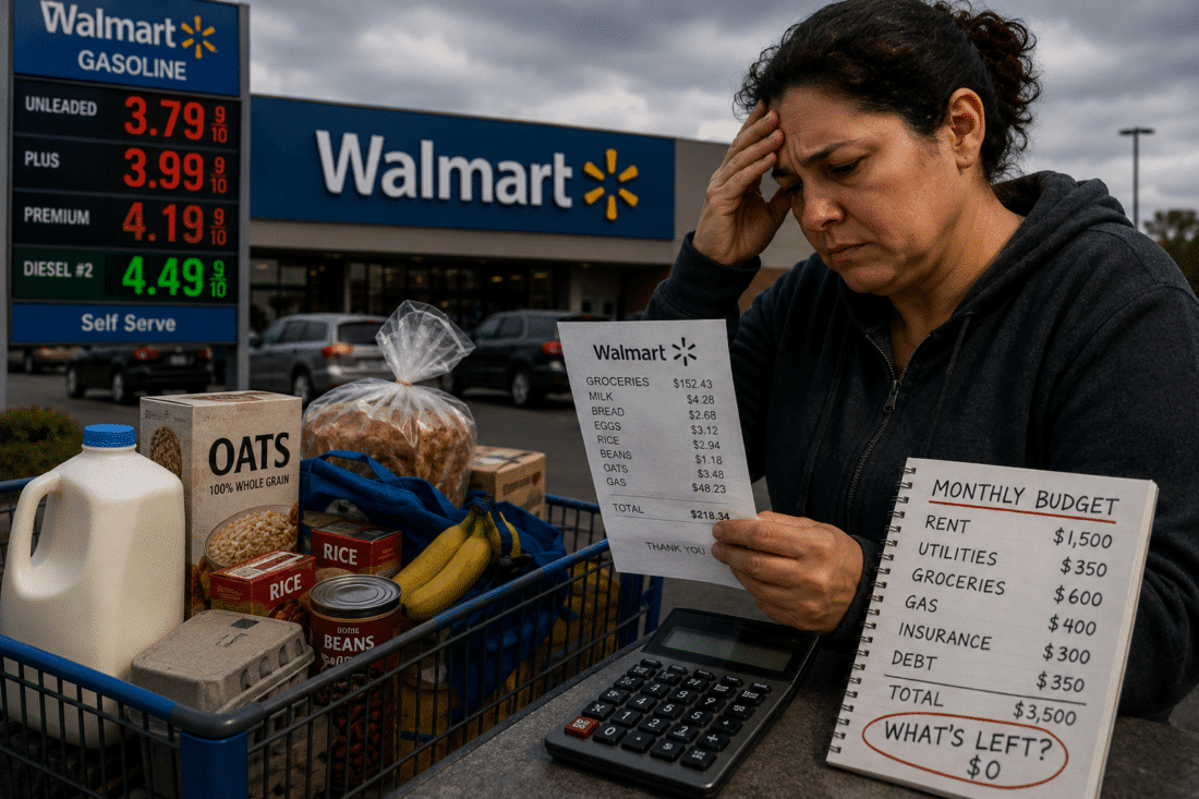 Concerned woman reviewing Walmart grocery receipt beside shopping cart and rising gas prices while struggling with household budget during inflation crisis