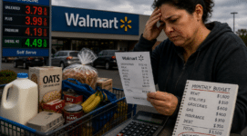 Concerned woman reviewing Walmart grocery receipt beside shopping cart and rising gas prices while struggling with household budget during inflation crisis