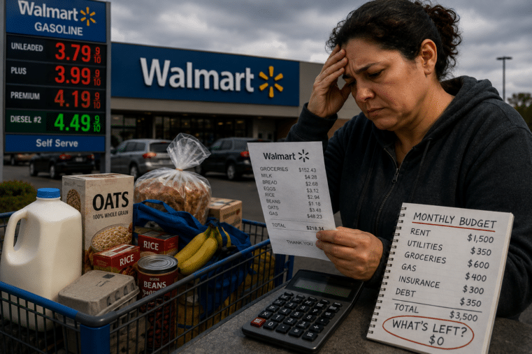 Concerned woman reviewing Walmart grocery receipt beside shopping cart and rising gas prices while struggling with household budget during inflation crisis
