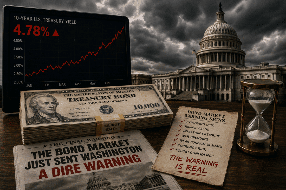 Storm clouds over the U.S. Capitol beside rising Treasury yields, debt warnings, Treasury bonds, and financial crisis imagery representing bond market instability and U.S. debt concerns.