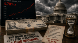Storm clouds over the U.S. Capitol beside rising Treasury yields, debt warnings, Treasury bonds, and financial crisis imagery representing bond market instability and U.S. debt concerns.