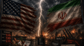 Dramatic illustration of torn American and Iranian flags facing each other during a lightning storm symbolizing economic fallout, war escalation, rising inflation, and oil market instability