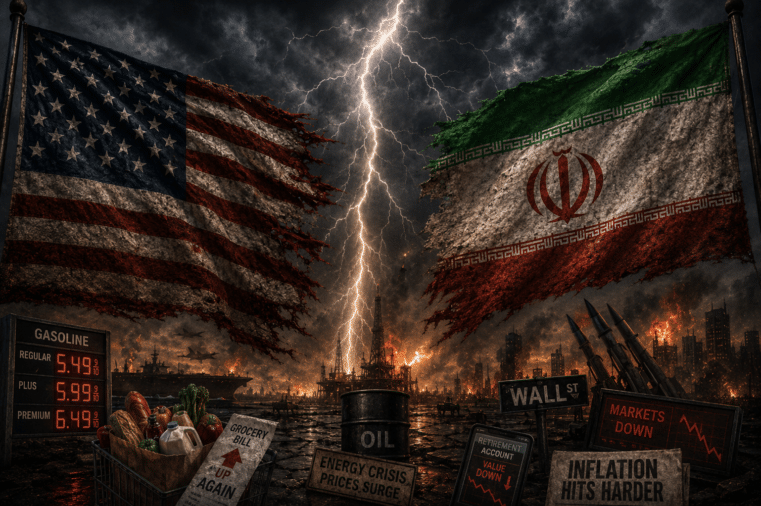 Dramatic illustration of torn American and Iranian flags facing each other during a lightning storm symbolizing economic fallout, war escalation, rising inflation, and oil market instability