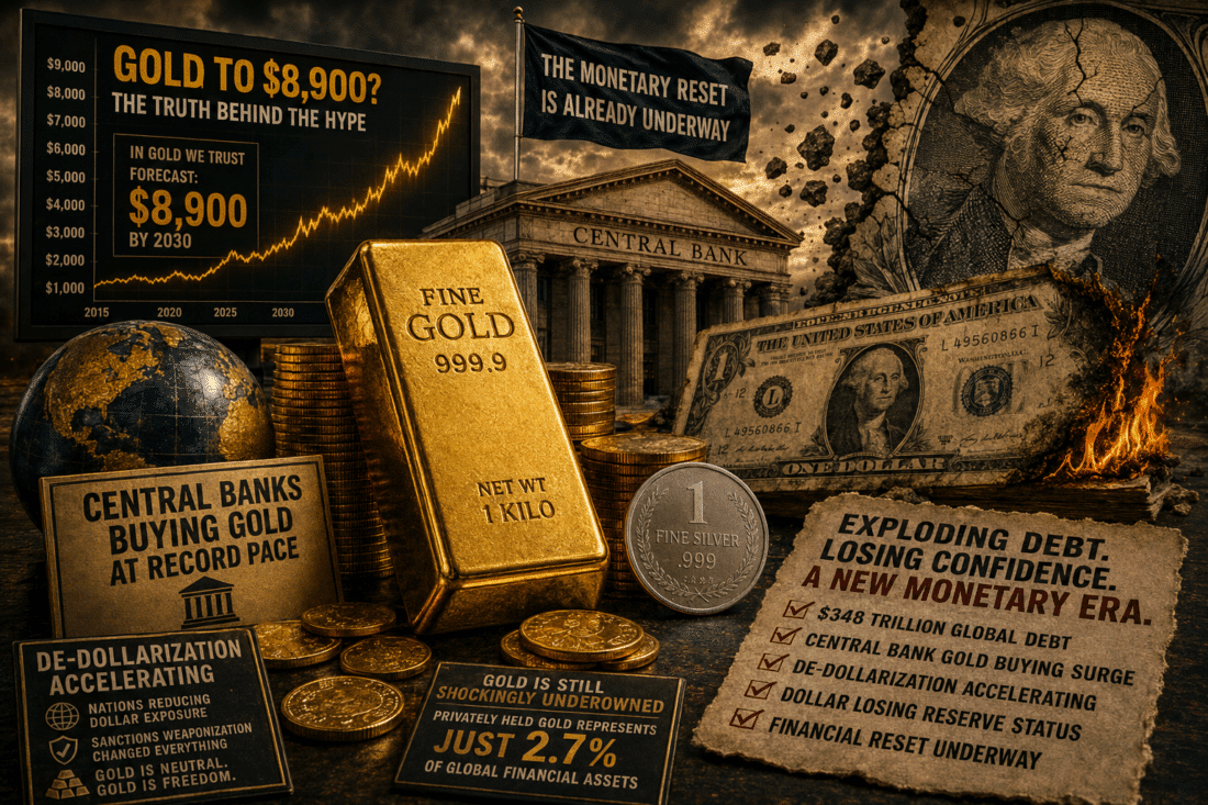 Gold bars, collapsing dollar imagery, central bank building, and $8,900 gold price prediction representing de-dollarization and global financial reset