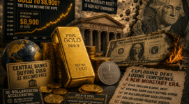 Gold bars, collapsing dollar imagery, central bank building, and $8,900 gold price prediction representing de-dollarization and global financial reset