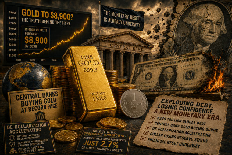 Gold bars, collapsing dollar imagery, central bank building, and $8,900 gold price prediction representing de-dollarization and global financial reset