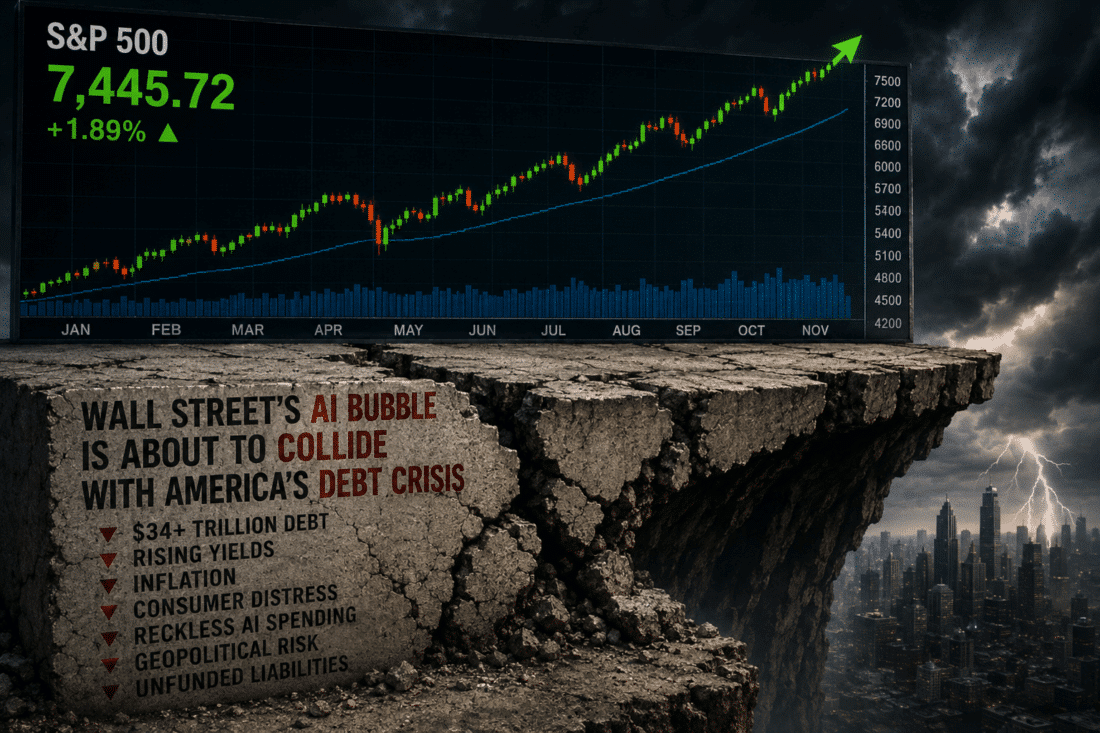 Wall Street AI bubble and America debt crisis illustration showing soaring S&P 500 chart above collapsing cliff with warnings about inflation, debt, AI spending, and rising Treasury yields