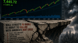 Wall Street AI bubble and America debt crisis illustration showing soaring S&P 500 chart above collapsing cliff with warnings about inflation, debt, AI spending, and rising Treasury yields