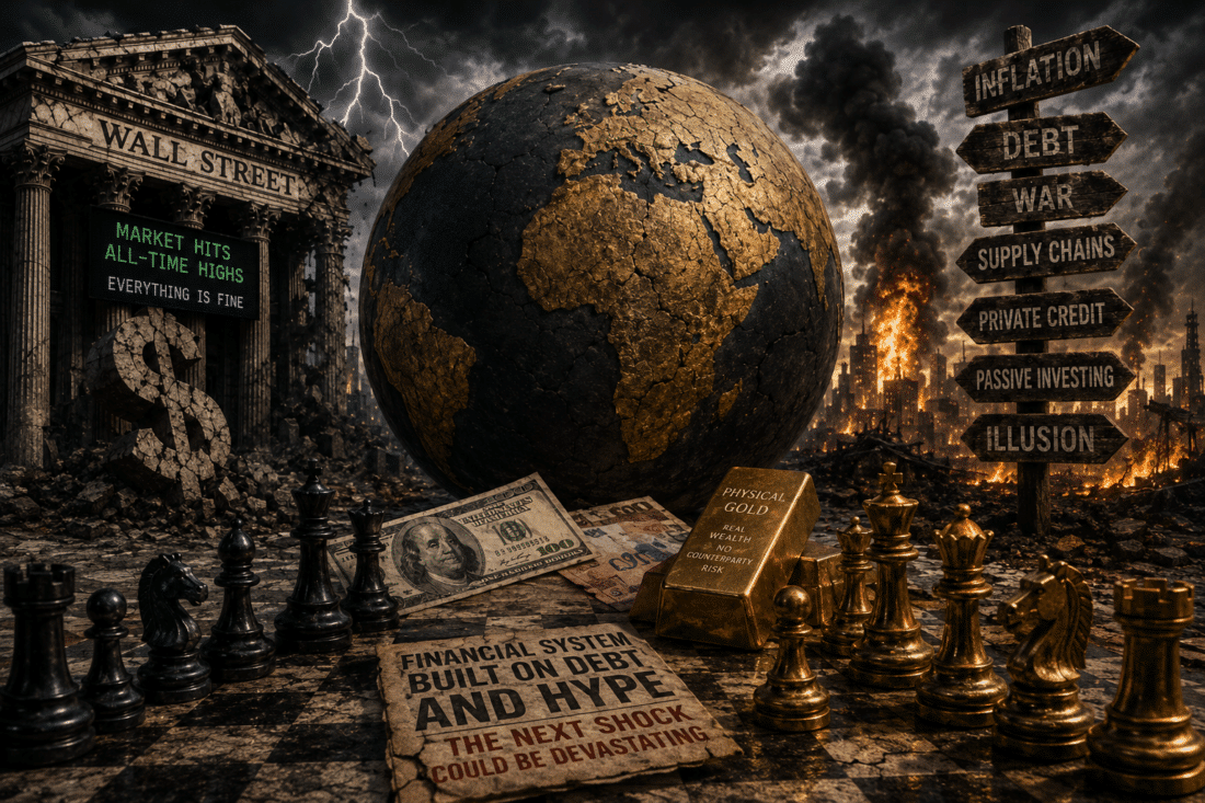 Apocalyptic financial market illustration showing a cracked globe, Wall Street collapse, inflation signs, burning cities, gold bars, cash, and chess pieces symbolizing global economic turmoil and market instability