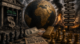 Apocalyptic financial market illustration showing a cracked globe, Wall Street collapse, inflation signs, burning cities, gold bars, cash, and chess pieces symbolizing global economic turmoil and market instability