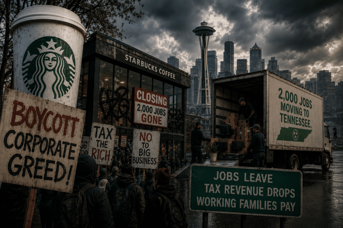 Protesters outside a Seattle Starbucks as a truck labeled “2,000 Jobs Moving to Tennessee” symbolizes corporate relocation and economic backlash