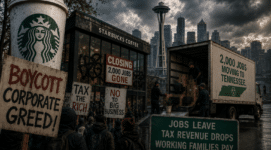 Protesters outside a Seattle Starbucks as a truck labeled “2,000 Jobs Moving to Tennessee” symbolizes corporate relocation and economic backlash