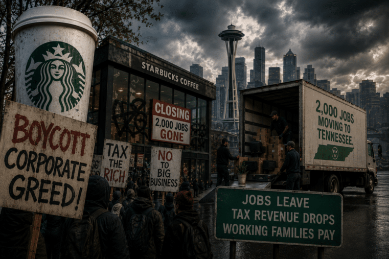 Protesters outside a Seattle Starbucks as a truck labeled “2,000 Jobs Moving to Tennessee” symbolizes corporate relocation and economic backlash