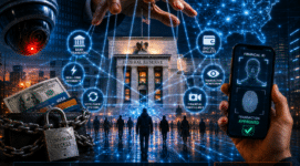 Illustration showing financial surveillance technology connected to the Federal Reserve, digital payments, biometric identity systems, cashless society infrastructure, and centralized banking control.