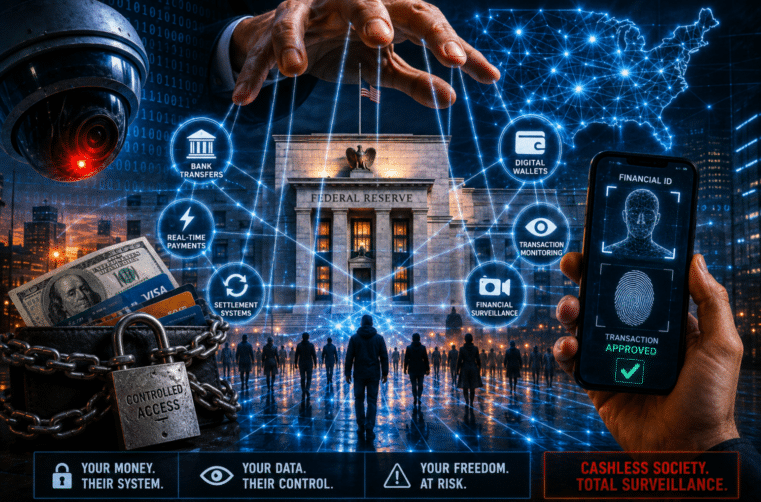 Illustration showing financial surveillance technology connected to the Federal Reserve, digital payments, biometric identity systems, cashless society infrastructure, and centralized banking control.