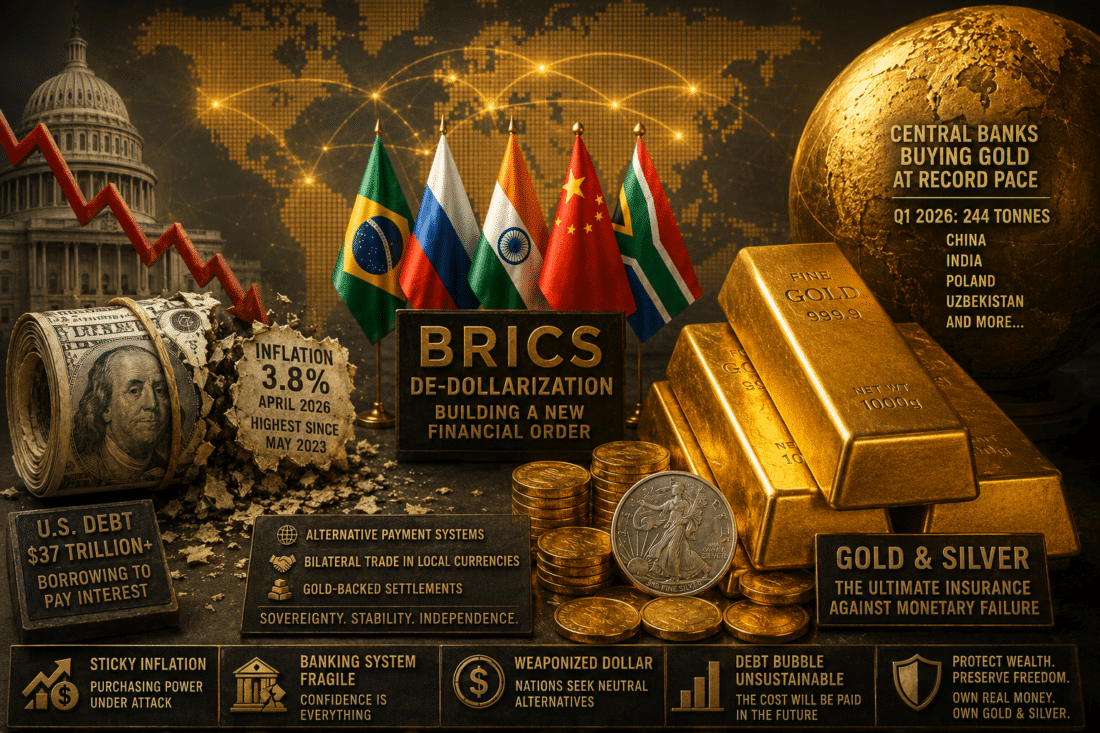 BRICS nations, gold bars, collapsing U.S. dollar, and rising inflation symbolizing the 2026 global gold bull market and de-dollarization trend