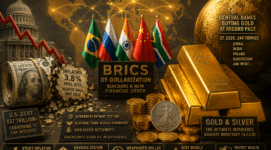 BRICS nations, gold bars, collapsing U.S. dollar, and rising inflation symbolizing the 2026 global gold bull market and de-dollarization trend