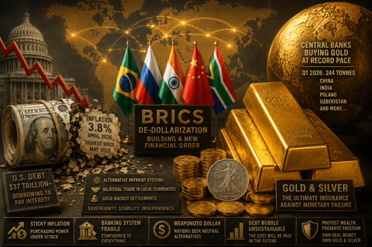 BRICS nations, gold bars, collapsing U.S. dollar, and rising inflation symbolizing the 2026 global gold bull market and de-dollarization trend