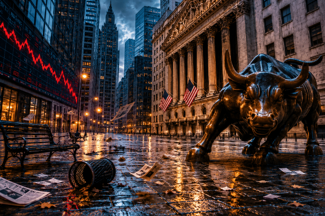 Wall Street bull statue during financial market panic symbolizing the growing AI stock bubble and fears of a market crash