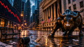 Wall Street bull statue during financial market panic symbolizing the growing AI stock bubble and fears of a market crash