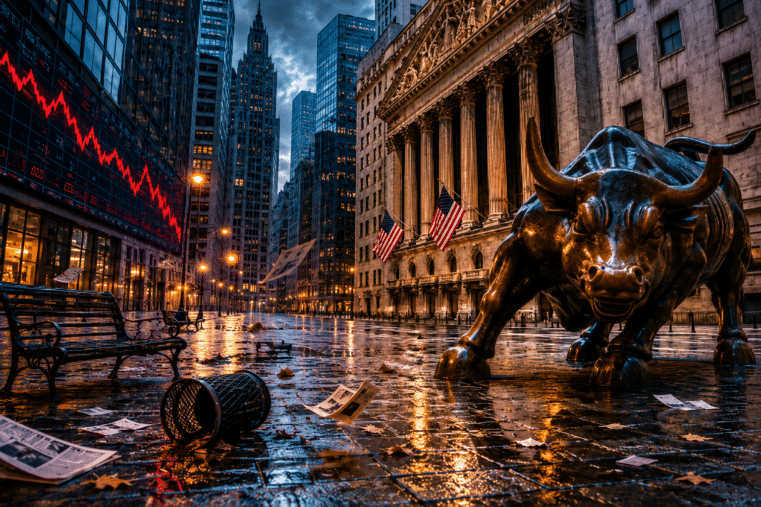 Wall Street bull statue during financial market panic symbolizing the growing AI stock bubble and fears of a market crash