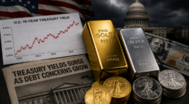 Gold and silver bars with rising Treasury yield chart and U.S. Capitol symbolizing bond market instability and financial uncertainty