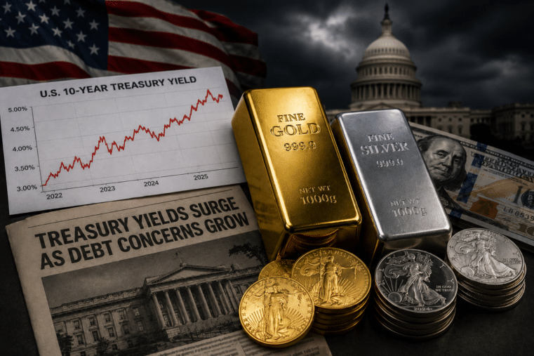 Gold and silver bars with rising Treasury yield chart and U.S. Capitol symbolizing bond market instability and financial uncertainty