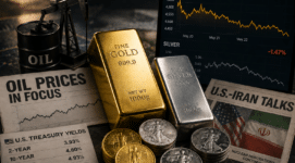 Gold bars, silver coins, oil barrel, and falling commodity charts illustrating Iran tensions, rising oil prices, inflation fears, and financial market instability