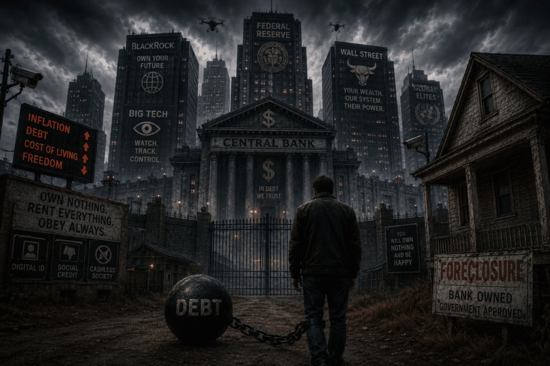 Dystopian image showing a man chained to debt standing before a central bank and corporate towers symbolizing America's dollar collapse toward neo-feudalism