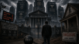 Dystopian image showing a man chained to debt standing before a central bank and corporate towers symbolizing America's dollar collapse toward neo-feudalism