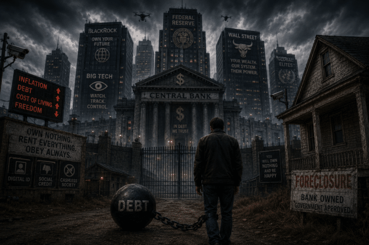 Dystopian image showing a man chained to debt standing before a central bank and corporate towers symbolizing America's dollar collapse toward neo-feudalism