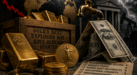 Gold bars, collapsing dollar imagery, sovereign debt crisis symbolism, and central bank instability representing fears of a gold standard return and a historic precious metals bull market
