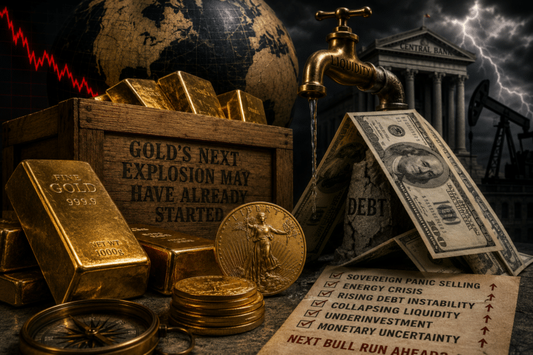 Gold bars, collapsing dollar imagery, sovereign debt crisis symbolism, and central bank instability representing fears of a gold standard return and a historic precious metals bull market