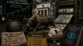 Stock market gold crash warning illustration showing Federal Reserve money printing, artificial bull market manipulation, liquidity injection, retirement savings risk, systemic financial collapse fears, and investor panic over economic instability