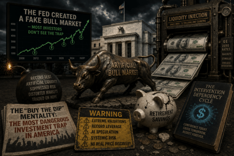 Stock market gold crash warning illustration showing Federal Reserve money printing, artificial bull market manipulation, liquidity injection, retirement savings risk, systemic financial collapse fears, and investor panic over economic instability
