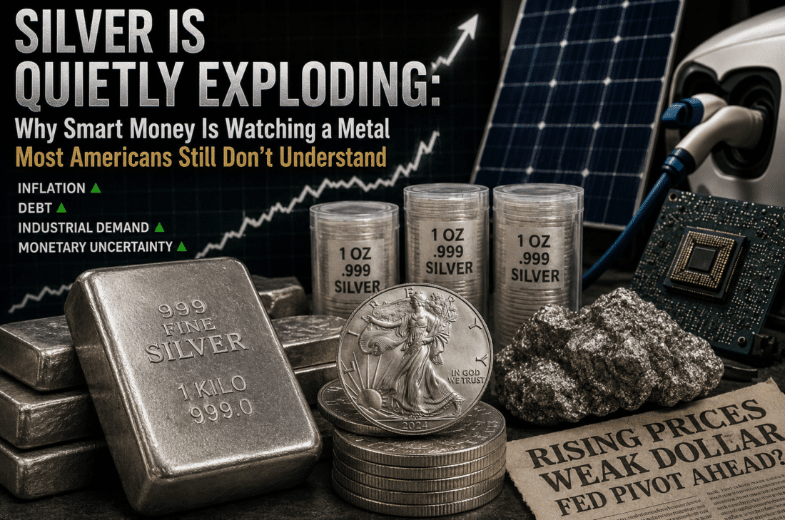 Is silver a good investment concept showing silver bars, coins, rising price charts, AI chips, solar panels, and inflation headlines