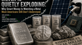 Is silver a good investment concept showing silver bars, coins, rising price charts, AI chips, solar panels, and inflation headlines